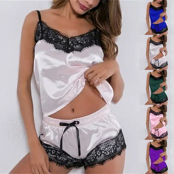 Sieviešu Pidžamas Komplekts Mājas Tērps, Tops un Bikses, Sexy V-Neck bez Piedurknēm Satīna Mežģīnes Sleepwear Pijama Mājas Drēbes Sievietēm 2020