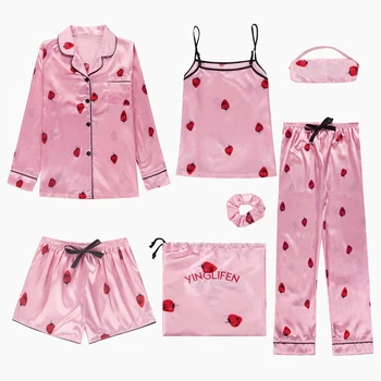 Sieviešu Pidžamas Pavasara Vasaras 7 Gab. Komplekts Zīda Elegants rozā svītru Bikses ar garām Piedurknēm Top Elastīga Vidukļa Bikses Pilnas Lounge Sleepwear