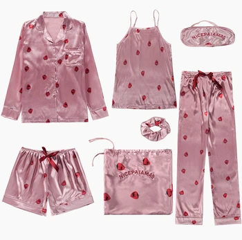Sieviešu Pidžamas Pavasara Vasaras 7 Gab. Komplekts Zīda Elegants rozā svītru Bikses ar garām Piedurknēm Top Elastīga Vidukļa Bikses Pilnas Lounge Sleepwear