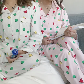 Sieviešu Rudens Pavasara Pijamas Jaunu Modes Kokvilnas Pidžamas Komplekts Kawaii Japāņu, korejiešu Stilā, Pastelis Shin chan Pidžamas Sleepwear
