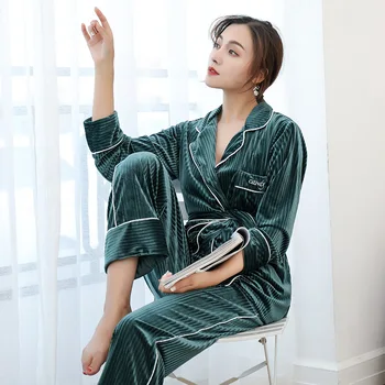 Sieviešu Samta 3PCS Pidžamas Komplekts Gadījuma Peldmētelis Miega Komplekts Sexy Zaļās Mājas Drēbes Rudens Ziemas garām Piedurknēm Sleepwear Naktsveļu