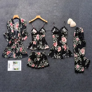 Sieviešu Satīna Kāzu Sleepwear Uzvalks Pavasara Mežģīnes Apdari Pidžamas Pyjama Set Print Ziedu Naktsveļu Ikdienas Mājas Apstākļos, Apakšveļa, Uzvalks