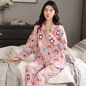 Sieviešu Sleepwear Plus Izmērs 3XL Zaudēt Versija Pidžamu Atloks, Pavasarī, Rudenī Kokvilnas Pidžamas Naktskrekls Karikatūra Nighty garām Piedurknēm, PLĀNĀS