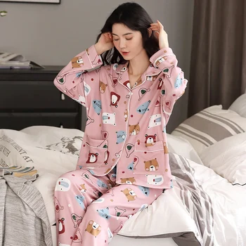 Sieviešu Sleepwear Plus Izmērs 3XL Zaudēt Versija Pidžamu Atloks, Pavasarī, Rudenī Kokvilnas Pidžamas Naktskrekls Karikatūra Nighty garām Piedurknēm, PLĀNĀS