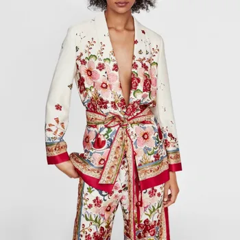 Sieviešu Tērps Sieviete Ir 2021. Retro Stila Ziedu Raksts, Žakete Eiropas stila Gadījuma Brīvdienu Jaka + Bikses Kostīmi Pidžamas