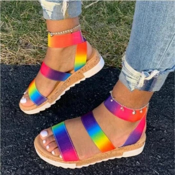 Sieviešu Vasaras Potītes Siksniņu Sandales Varavīksnes Krāsu Platformas Ķīļveida Papēdi Peep Toe Modes Gadījuma Beach Dāmas Kurpes Zapatos Mujer De
