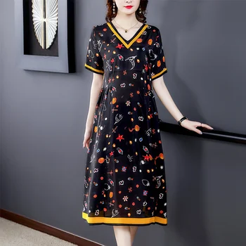 Sieviešu Vintage Black Print Mulberry Zīda Midi Kleitas Ir 2021. Vasaras 4XL Plus Lieluma Sundress Elegants Bodycon Puse Skrejceļa Vestidos