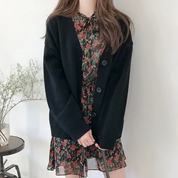 Sieviešu Vintage Jaka ar V veida kakla 2020. gadam Džemperis Ietilpst Mīksta Kokvilnas Adīt Karstā Jūra korejas Gadījuma Vienkāršu, vienkrāsainu Modes Jaka