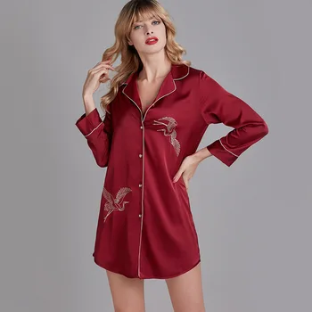 Sieviešu Zeķu Svārki Sleepwear Izšuvumi Nightdress Satīna Naktskrekls Bordo Zīdaini Intīmas Apakšveļa Kimono Kleita Homewear