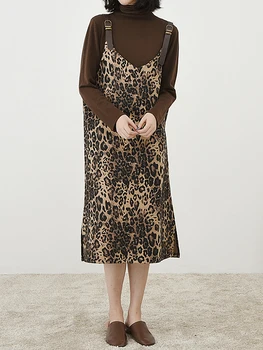 Sieviešu Ziemas Rudens Leopard Vintage Zeķu Siksnas, Gara Kleita Dāmas Elegantas Modes Kopumā Veste Kleitas Bez Piedurknēm Tvertnes Kleita