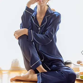Sieviešu Zīda Satīna Pidžamas Pidžamas Komplekts Ar Garām Piedurknēm Pogas, Krekli, Bikses Pamata Sleepwear Gadījuma Homewear Naktsveļu