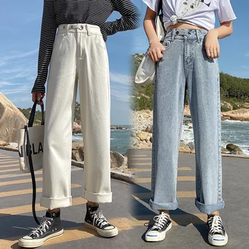 Sieviešu džinsi ar augstu vidukli, zaudēt plaša kāju džinsa zilā streetwear retro temperaments rudens 2020. gadam, modes Harajuku taisnu kāju bikses