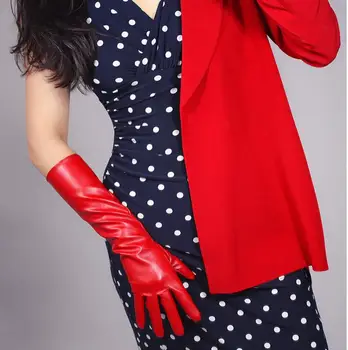 Sieviešu modes seksīgs mākslīgās pu ādas cimdu dāmu kluba darbības oficiālas personas āda ilgi sarkano cimdu 28cm R1967