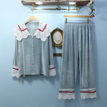 Sieviešu pidžamas Biezs Flaneļa Siltu Sieviešu Ziemas Sleepwear Apaļu Kakla Pidžamas Komplekts Homewear garām Piedurknēm Pilnas Bikses Divas Gabals