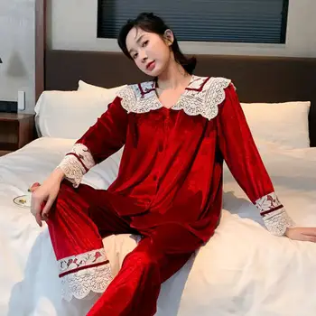 Sieviešu pidžamas Biezs Flaneļa Siltu Sieviešu Ziemas Sleepwear Apaļu Kakla Pidžamas Komplekts Homewear garām Piedurknēm Pilnas Bikses Divas Gabals