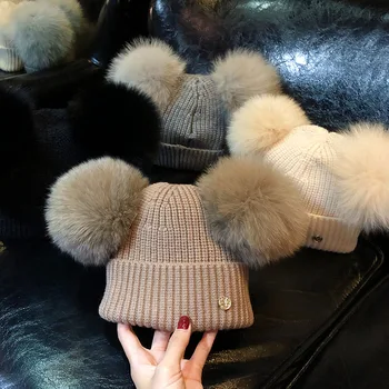 Sieviešu ziemas nekustamā fox kažokādas, vilnas adīta cepure bērnu klp beanie ar 2 divas divvietīgas pom poms pompom ausis smieklīgu cepuri
