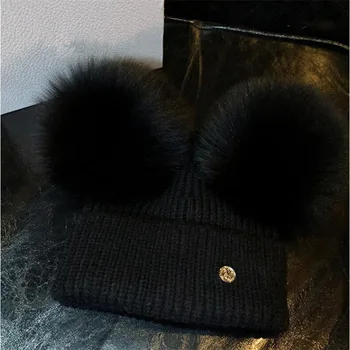 Sieviešu ziemas nekustamā fox kažokādas, vilnas adīta cepure bērnu klp beanie ar 2 divas divvietīgas pom poms pompom ausis smieklīgu cepuri