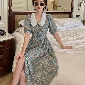 Sieviešu Šifona Kleita 2020. Gada Vasaras Modes Sieviešu Puff Piedurknēm Vintage Ziedu Drukāt Peter Pan Apkakli Boho Kleita Gadījuma Vestidos