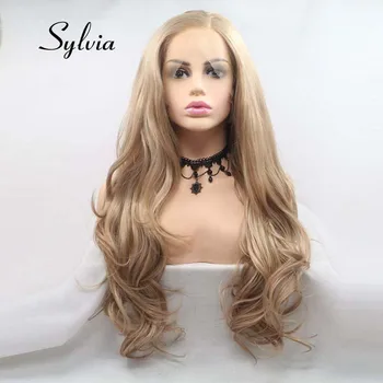 Silvija Blondīne Ilgi Body Wave Sintētisko Mežģīnēm Priekšā, Parūkas Sieviešu Matu Siltuma Izturīgas Šķiedras Ilgi Parūkas