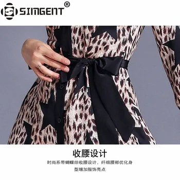 Simgent Leoparda Kleitu Modes Sieviešu garām Piedurknēm Zvaigznes Drukāšanas Mežģīnes Raibs Midi Blūze, Krekls Kleita Vestido Drēbes Femme SG9872