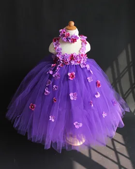Skaistas Meitenes Purples Ziedu Ziedlapiņām Tutu Kleitu Bērni Pūkains Tilla Kāzu svinības, Kleita ar Galvas stīpa Bērniem Tamborēšanas Ilgi Tutus