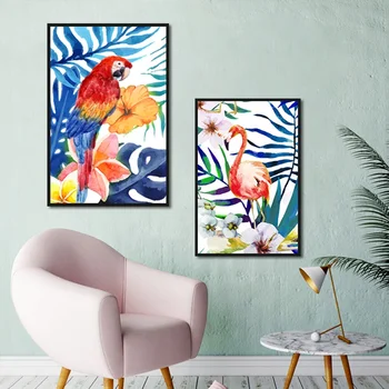 Skandināvijas Mājas Dekoru Cuadros Plakātu Un Drukas Akvarelis, Audekls Gleznošanai Papagailis Flamingo Moduļu Ziemeļu Sienas Art Attēlu