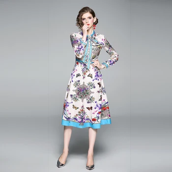 Skrejceļa Kleitas 2019 Sievietēm Kvalitātes Loku Vintage Print Puse gadījuma Kleita Vestidos Drēbes Femme flora Elegants