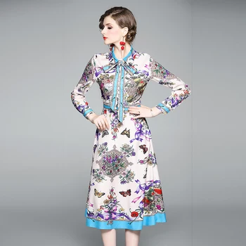 Skrejceļa Kleitas 2019 Sievietēm Kvalitātes Loku Vintage Print Puse gadījuma Kleita Vestidos Drēbes Femme flora Elegants
