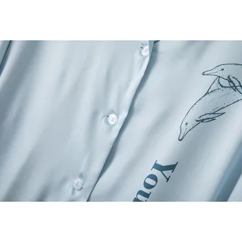 Sleepshirt Gaiši Zils Sleepwear Sieviešu Drukāt Delfīnu Naktskrekls Ar Pogām Nightdress Satīna Jaunu VASARAS Peldmētelis Kimono Kleita