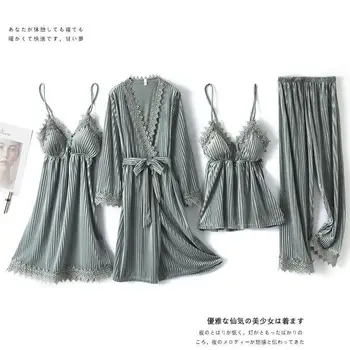 Sleepwear Rudens Ziemas Samta 4GAB Pidžamas Komplekts Sieviešu Peldmētelis Kimono Kleita Gadījuma Zaudēt Homewear Sexy Mežģīņu Apdari Naktsveļu