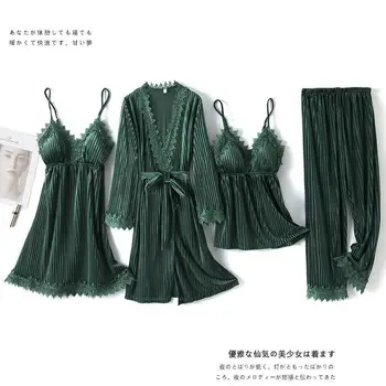 Sleepwear Rudens Ziemas Samta 4GAB Pidžamas Komplekts Sieviešu Peldmētelis Kimono Kleita Gadījuma Zaudēt Homewear Sexy Mežģīņu Apdari Naktsveļu