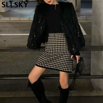 Sllsky Black Pleds Mini Augsta Vidukļa Svārki Sieviešu Rudens, Ziemas 2020 Jaunu Gadījuma Vintage Īss Trikotāžas Badycon Svārki Modes Svārki