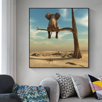 Smieklīgi Maz Zilonis uz Koku Mūsdienu Audekla Apgleznošana Sienu Mākslas Dzīvnieku Attēlus Ziemeļvalstu Plakāti un Izdrukas Bērnu Istabas Mājas Dekoru