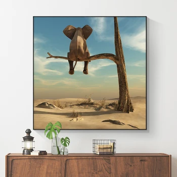 Smieklīgi Maz Zilonis uz Koku Mūsdienu Audekla Apgleznošana Sienu Mākslas Dzīvnieku Attēlus Ziemeļvalstu Plakāti un Izdrukas Bērnu Istabas Mājas Dekoru