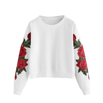 Sporta krekls Sieviešu Rudens Ziemas Aukliņu Crop topi ar garām Piedurknēm Blūze Melnā Ziedu Izšuvumu Rožu Ziedi Kapuci Džemperi, Topi