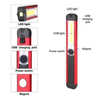 Spēcīgs Darbs, Gaismas COB LED Lukturīti Magnētisko 5 Režīmu Darba Lukturi USB Lādējamu Lāpu Pārbaudes Signāllukturis ar Sarkanu/Baltu Gaismu