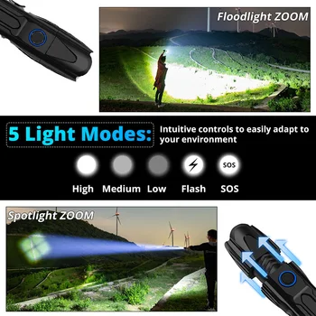 Spēcīgu kabatas lukturīti zoomable XHP90 LED Lukturīti, USB Uzlādējams 26650 Lukturīti Lāpu 5 Režīmi Lanterna Izmantot 26650 Medībām