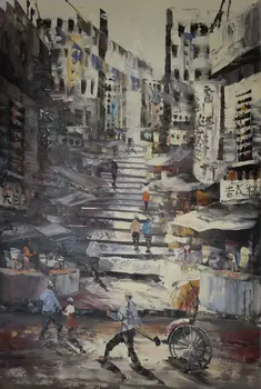 Streetscape Hong Kong Sākumā Divdesmit Gadsimta Roku Apgleznoti Audekli, Eļļas Glezna Mākslas Mūsdienu Priekšstatu Milzīgu Attēlu Krāsošana