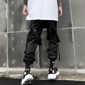 Streetwear Kravas Bikses Vīriešu Harajuku Taktiskās Bikses Lentes Multi-kabatas Bikses Sievietēm Elastīgs Viduklis HipHop Vīrietis Melnā Elsas