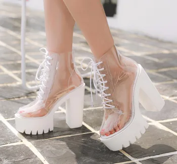 Super augstiem papēžiem biezu zoli apakšā skaidri pārredzama potītes zābaki sieviešu Platforma Rudens zābaki ikdienas apavi