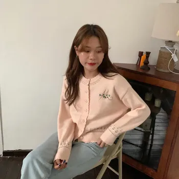 Svešzemju Kitty Korejiešu Jaunā Izšuvumi Tīrtoņa Krāsu Krūtīm Modes Džemperis 2020. Gadam, Sievietēm, Adīšana, Universāls Ikdienas Jaka Džemperis