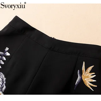Svoryxiu Sieviešu Rudens Modes Dizainers Biroja Dāma Melnā Divas Gabals, kas garām Piedurknēm Ziedu Izšuvumi Žakete + Bikses, Uzvalks