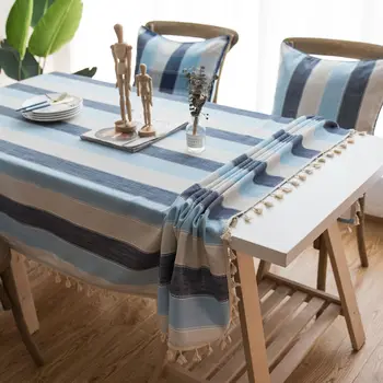 Svītrains ūdensizturīgs galdauts Vidusjūras vēja zils audums Kokvilnas veļu, svaigi mazie galda taisnstūra kafijas galda audums