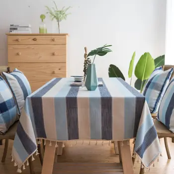 Svītrains ūdensizturīgs galdauts Vidusjūras vēja zils audums Kokvilnas veļu, svaigi mazie galda taisnstūra kafijas galda audums