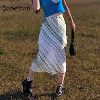 Sweetown Sweety Meiteņu Pleds Tie Krāsošanas Midi Svārki Sieviete Preppy Stils Gudrs Kawaii Drēbes Augsta Vidukļa Y2K Modes 90s Svārki Boho