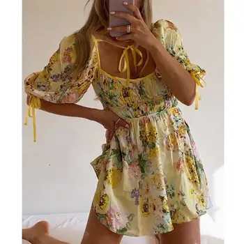 TEELYNN Puff Pusi Piedurknēm Mini Kleitas Sievietēm Vintage Dzeltena Ziedu Drukāt boho Vasaras Vestidos dāmas Loku Puse Kleita ir 2021.