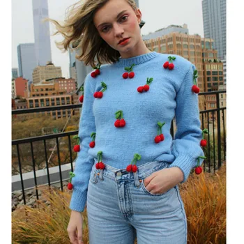 TEELYNN garām piedurknēm ar Roku tamborētas, ķirši džemperis sievietēm pull topi 2020. gadam rudenī, ziemā silts džemperis zilā o-veida kakla trikotāžas džemperis