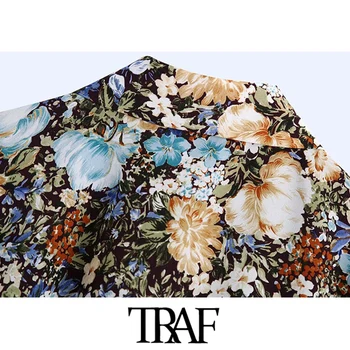 TRAF Sieviešu Modes Ar tauriņu Ziedu Drukāt Apgriezts Blūzes Vintage garām Piedurknēm Pogas-uz augšu Sieviešu Krekli Blusas Šiks Topi