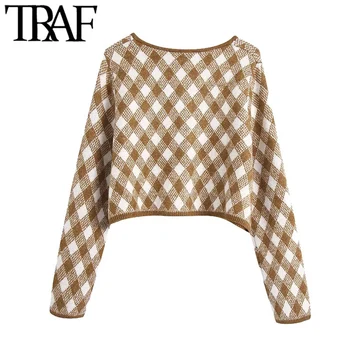 TRAF Sieviešu Modes Argyle Apgriezts Trikotāžas Jaka Vintage Džemperis ar garām Piedurknēm Pogas-uz augšu Sieviešu Virsdrēbes Šiks Topi
