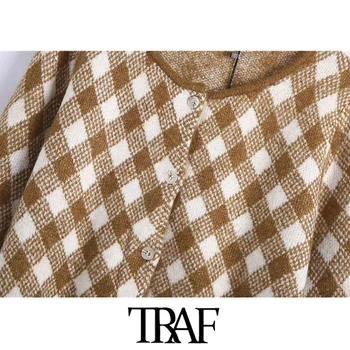 TRAF Sieviešu Modes Argyle Apgriezts Trikotāžas Jaka Vintage Džemperis ar garām Piedurknēm Pogas-uz augšu Sieviešu Virsdrēbes Šiks Topi
